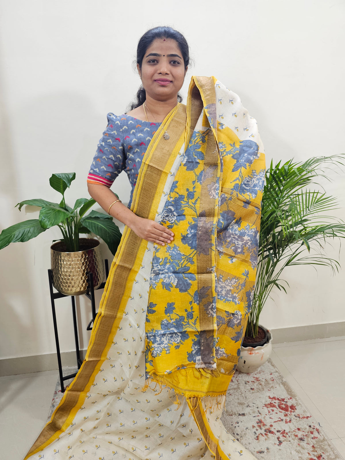 Off-white with Yellow Tussar Silk Saree with Kanchi Border