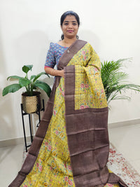 Yellow with Brown Checks Tussar Silk Saree with Kanchi Border