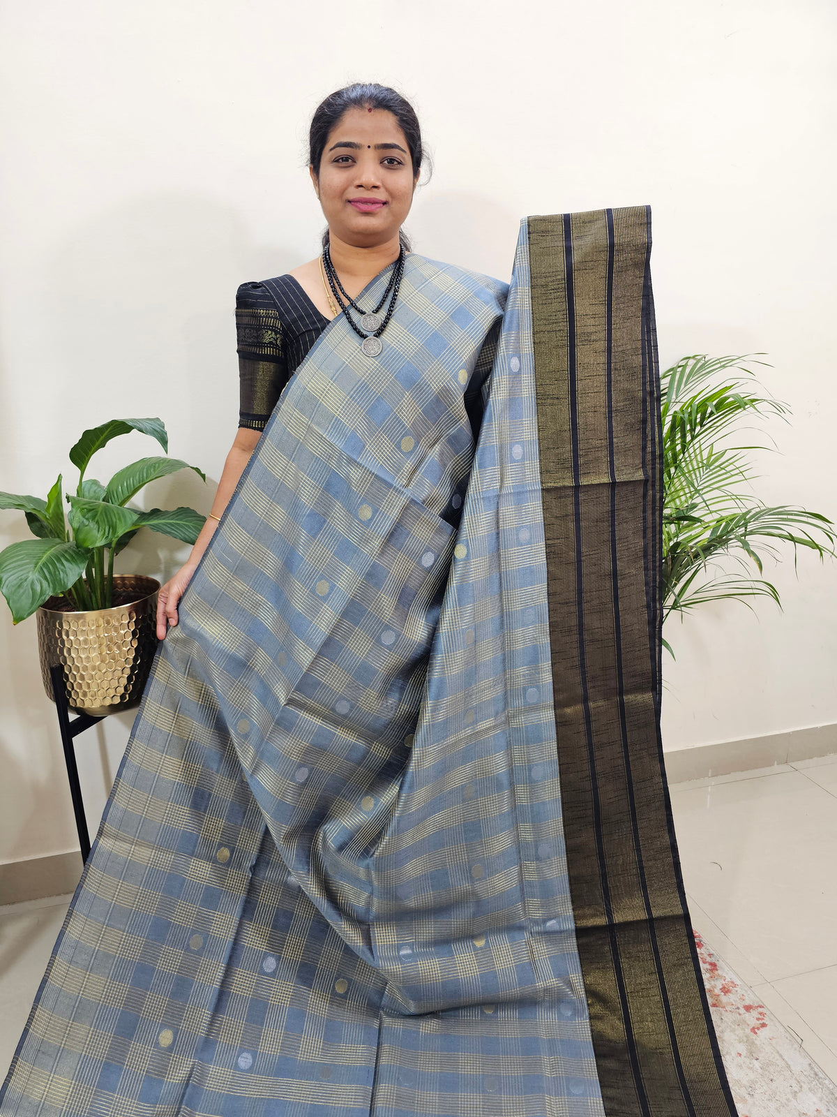 Semi Raw Silk Saree - Grey with Black