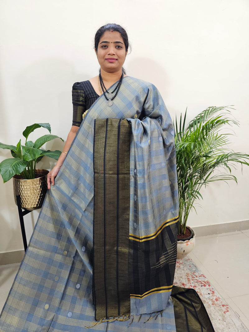 Semi Raw Silk Saree - Grey with Black