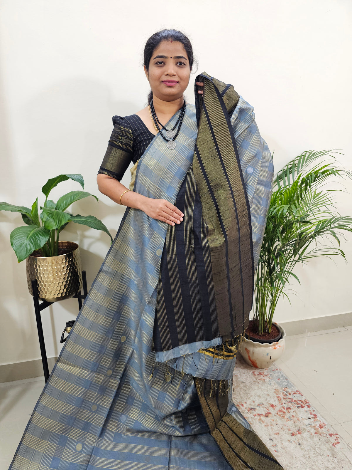 Semi Raw Silk Saree - Grey with Black