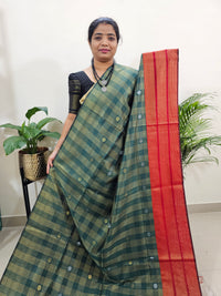 Semi Raw Silk Saree - Bottle Green with Red