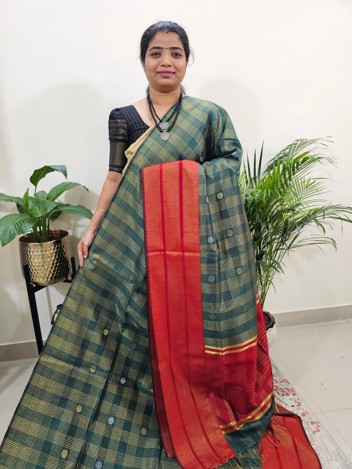 Semi Raw Silk Saree - Bottle Green with Red