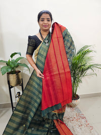 Semi Raw Silk Saree - Bottle Green with Red