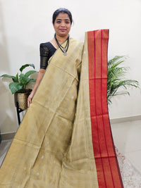 Semi Raw Silk Saree - Beige with Red