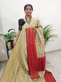 Semi Raw Silk Saree - Beige with Red