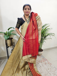 Semi Raw Silk Saree - Beige with Red