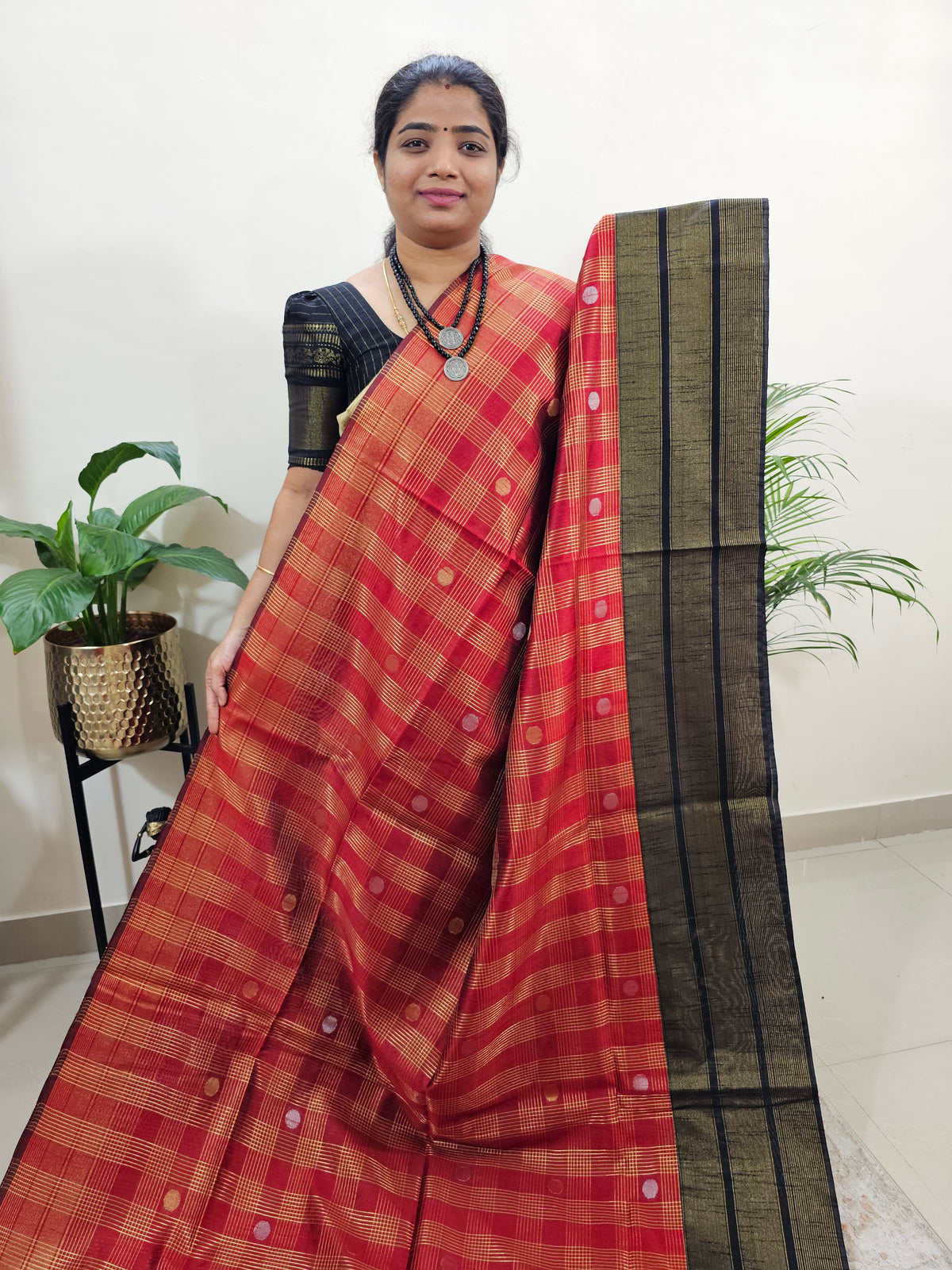 Semi Raw Silk Saree - Red with Black