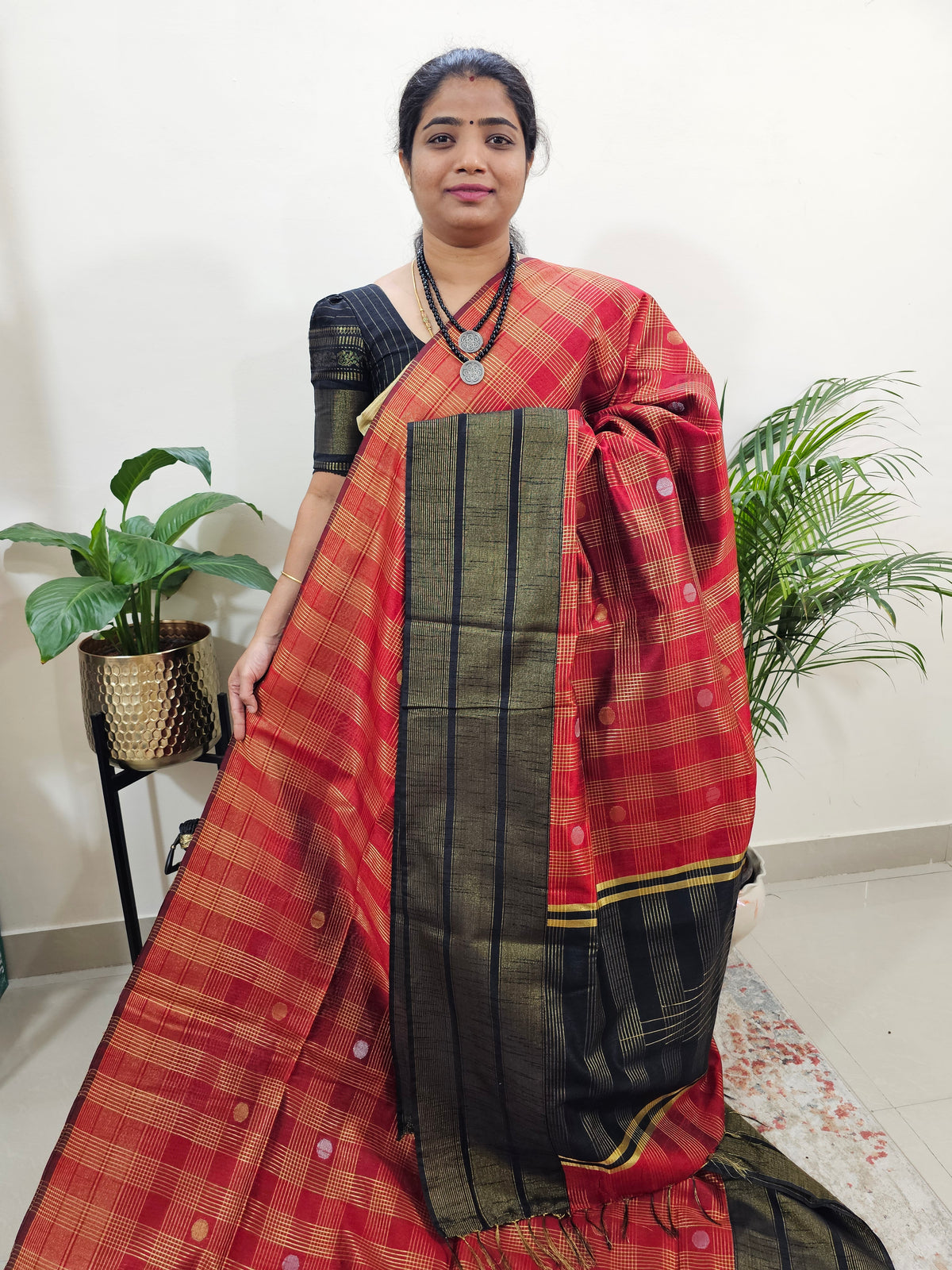 Semi Raw Silk Saree - Red with Black