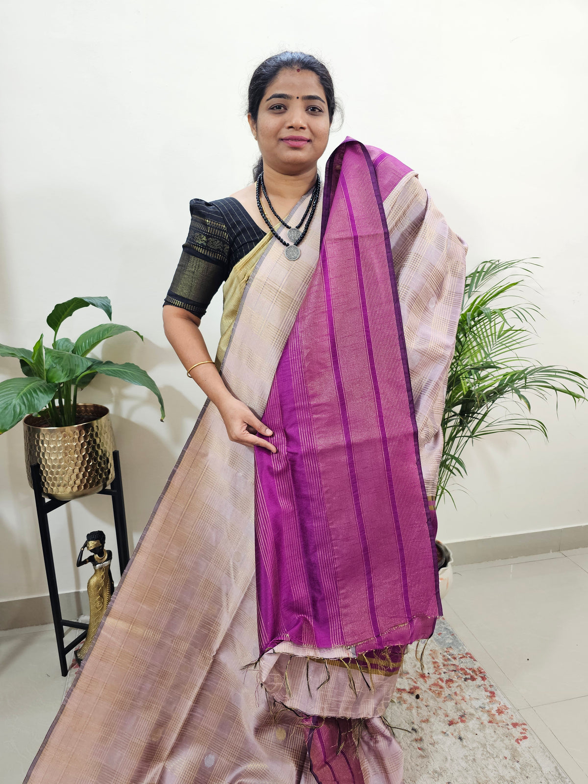 Semi Raw Silk Saree - Pink with Purple