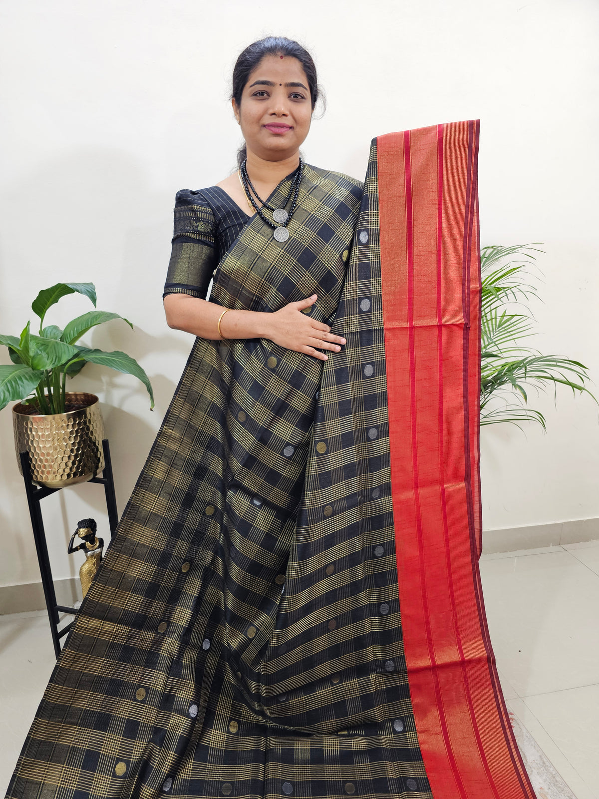 Semi Raw Silk Saree - Black with Red