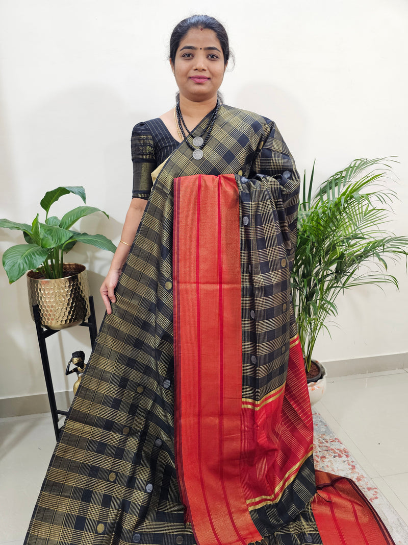 Semi Raw Silk Saree - Black with Red