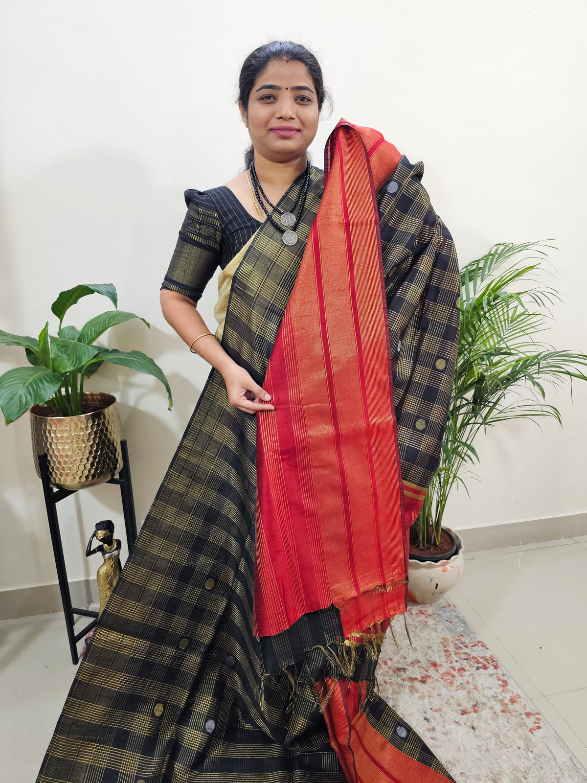 Semi Raw Silk Saree - Black with Red