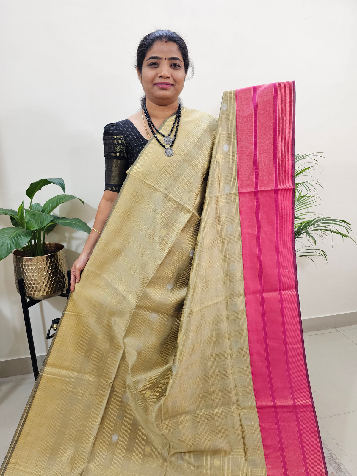 Semi Raw Silk Saree - Beige with Pink