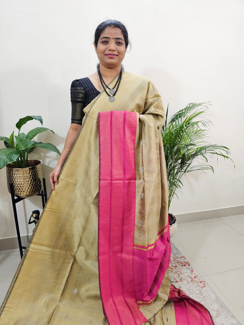 Semi Raw Silk Saree - Beige with Pink