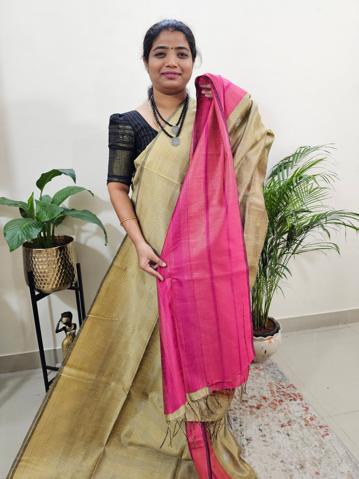 Semi Raw Silk Saree - Beige with Pink