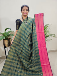 Semi Raw Silk Saree - Green with Pink