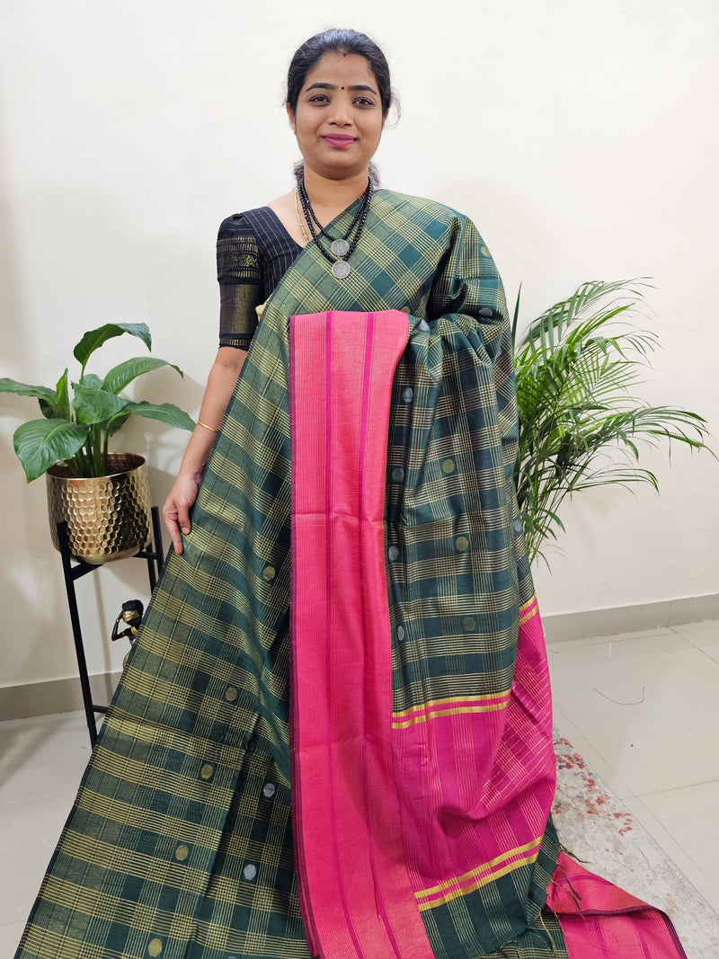 Semi Raw Silk Saree - Green with Pink