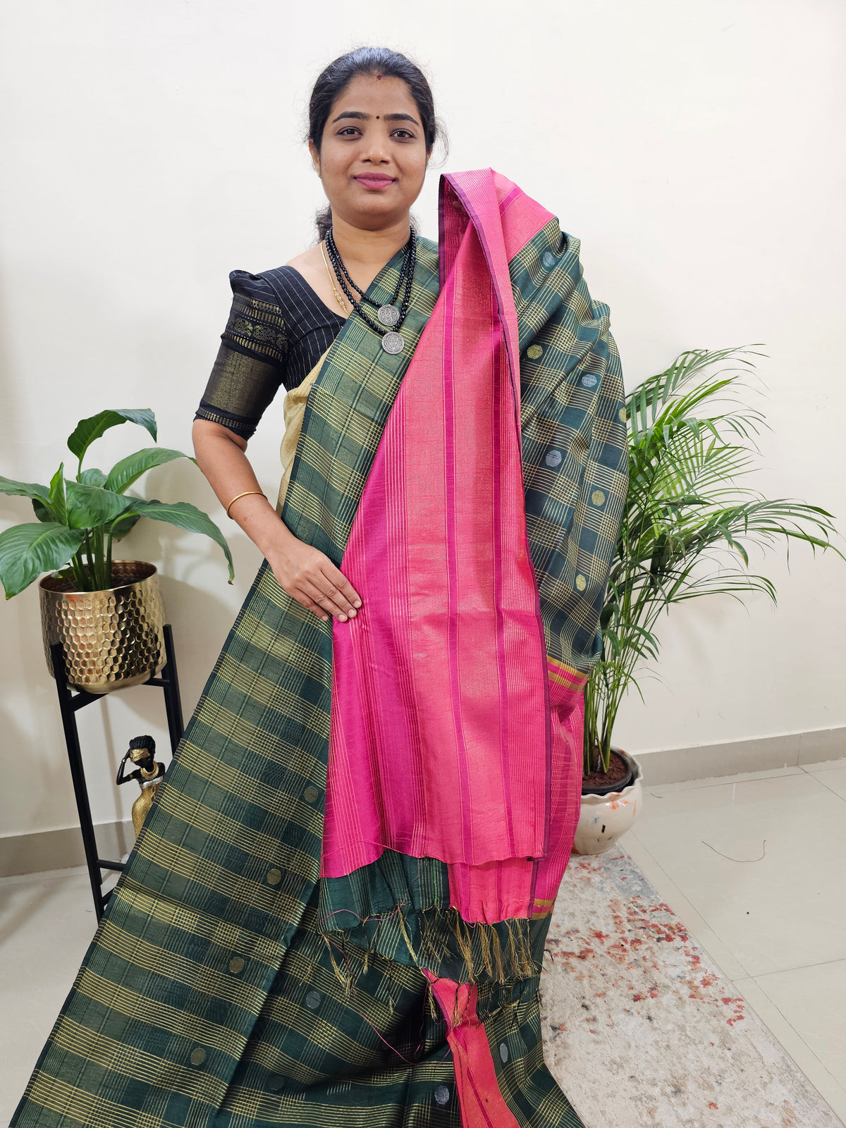 Semi Raw Silk Saree - Green with Pink