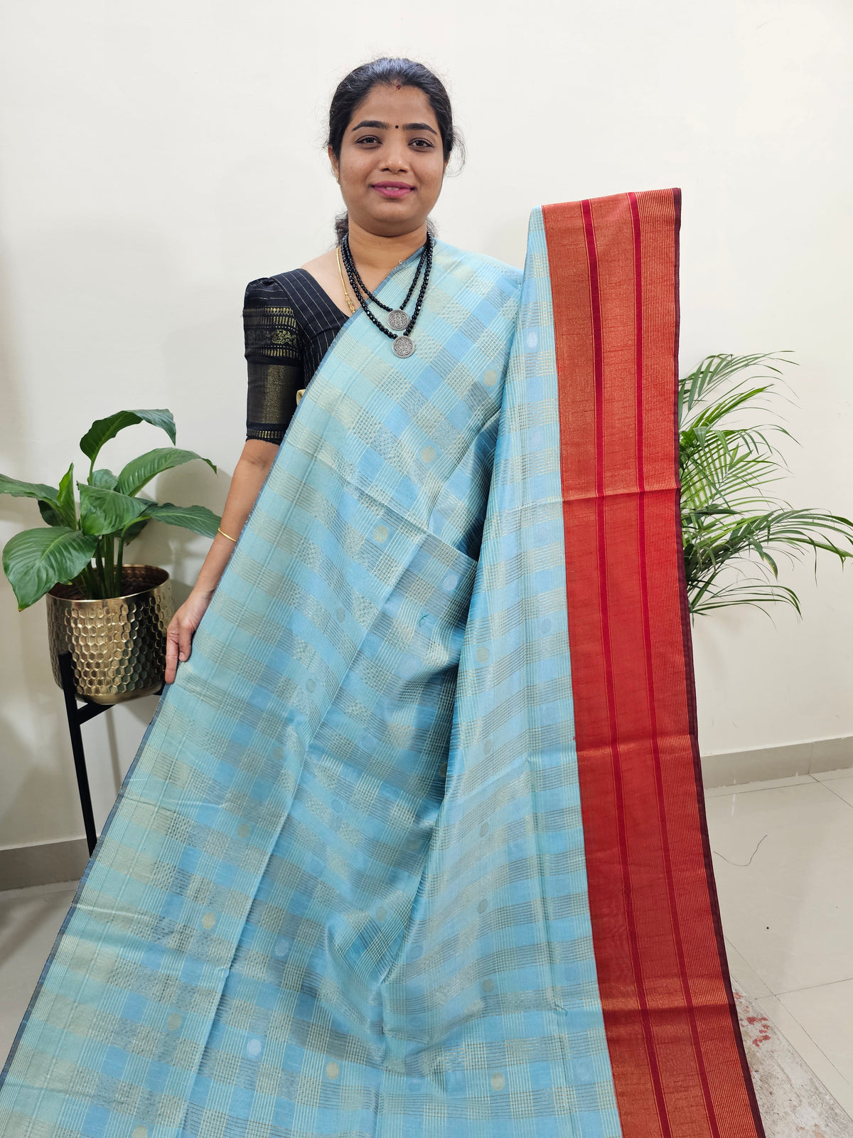 Semi Raw Silk Saree - Blue with Red