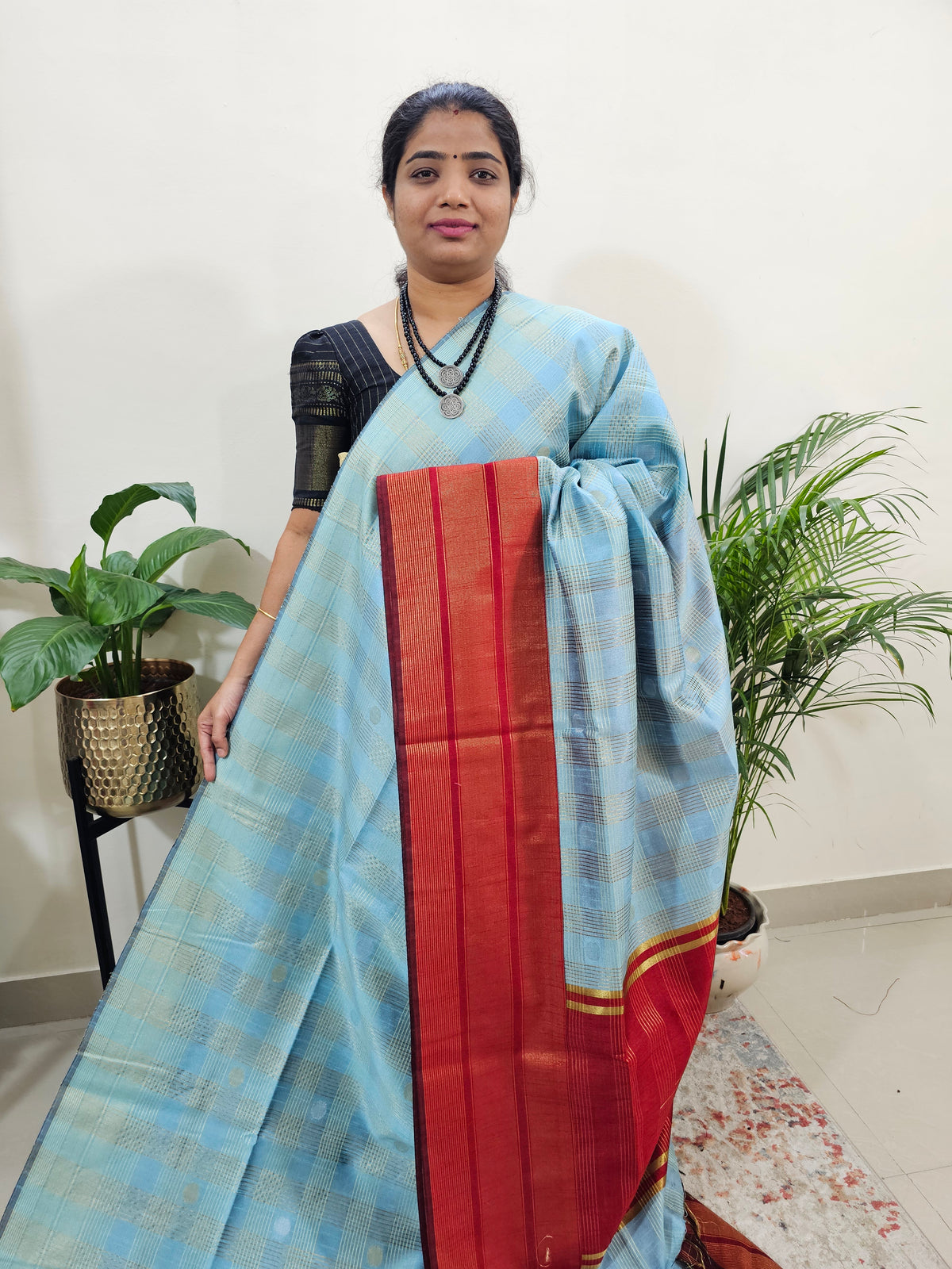 Semi Raw Silk Saree - Blue with Red