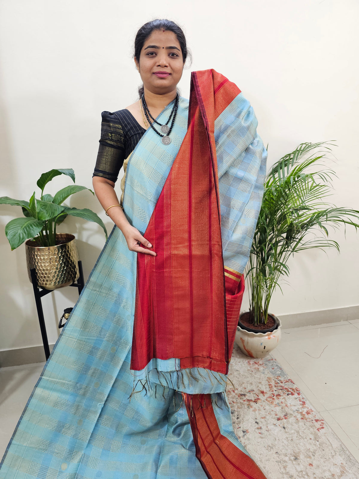 Semi Raw Silk Saree - Blue with Red