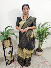 Semi Raw Silk Saree - Beige with Black