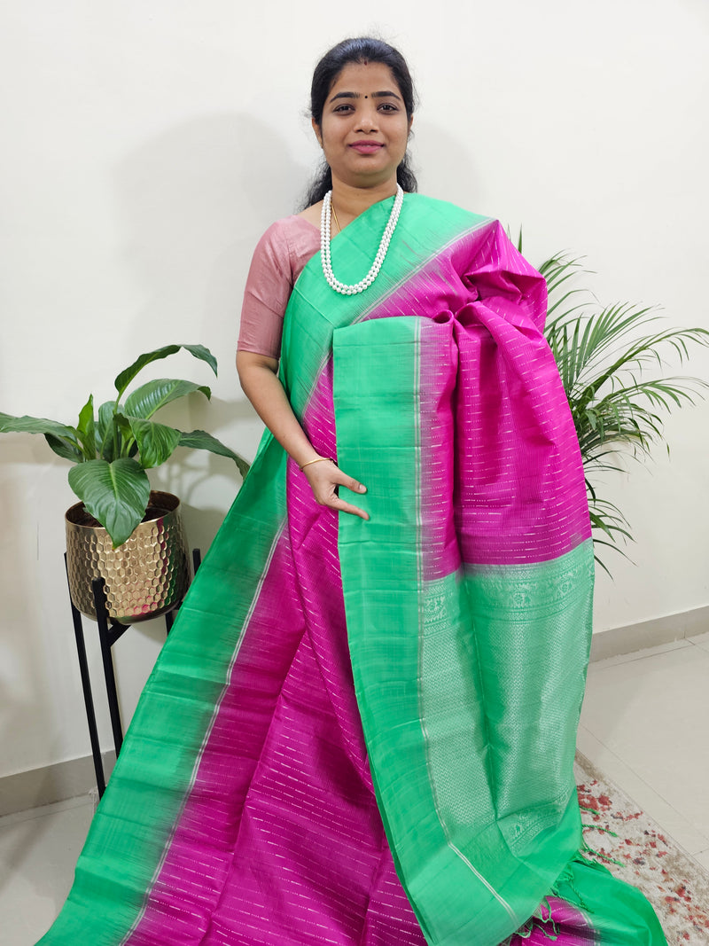 Rain Drop Pattern Pure Handloom Soft Silk Saree - Pink with Green