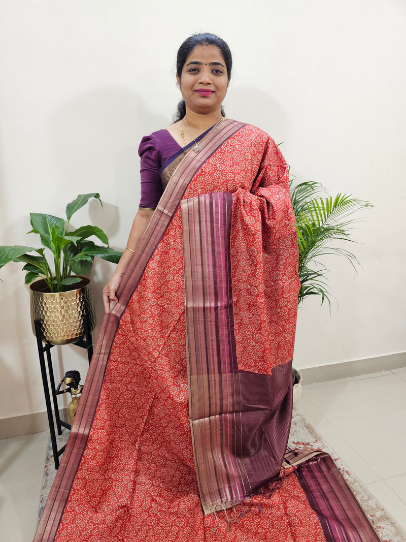 Semi Tussar with Digital Printed Saree - Orange with Magenta Pink