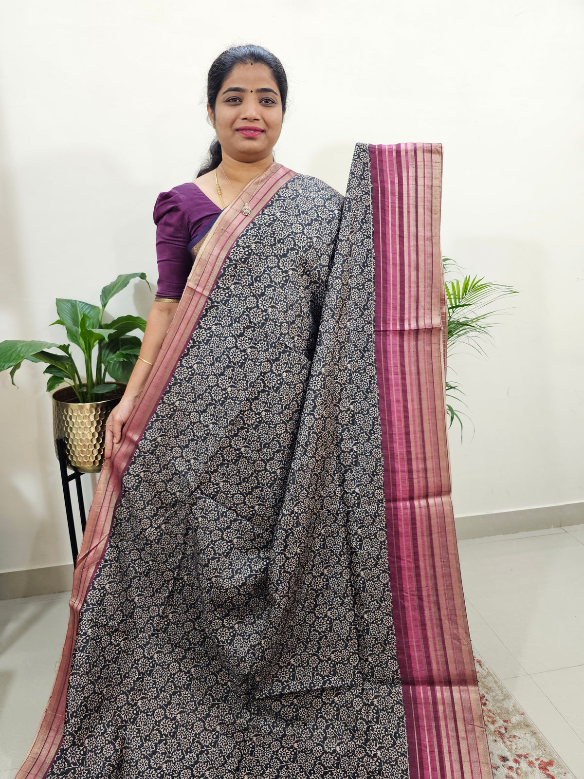 Semi Tussar with Digital Printed Saree - Black with Magenta Pink