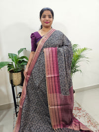 Semi Tussar with Digital Printed Saree - Black with Magenta Pink