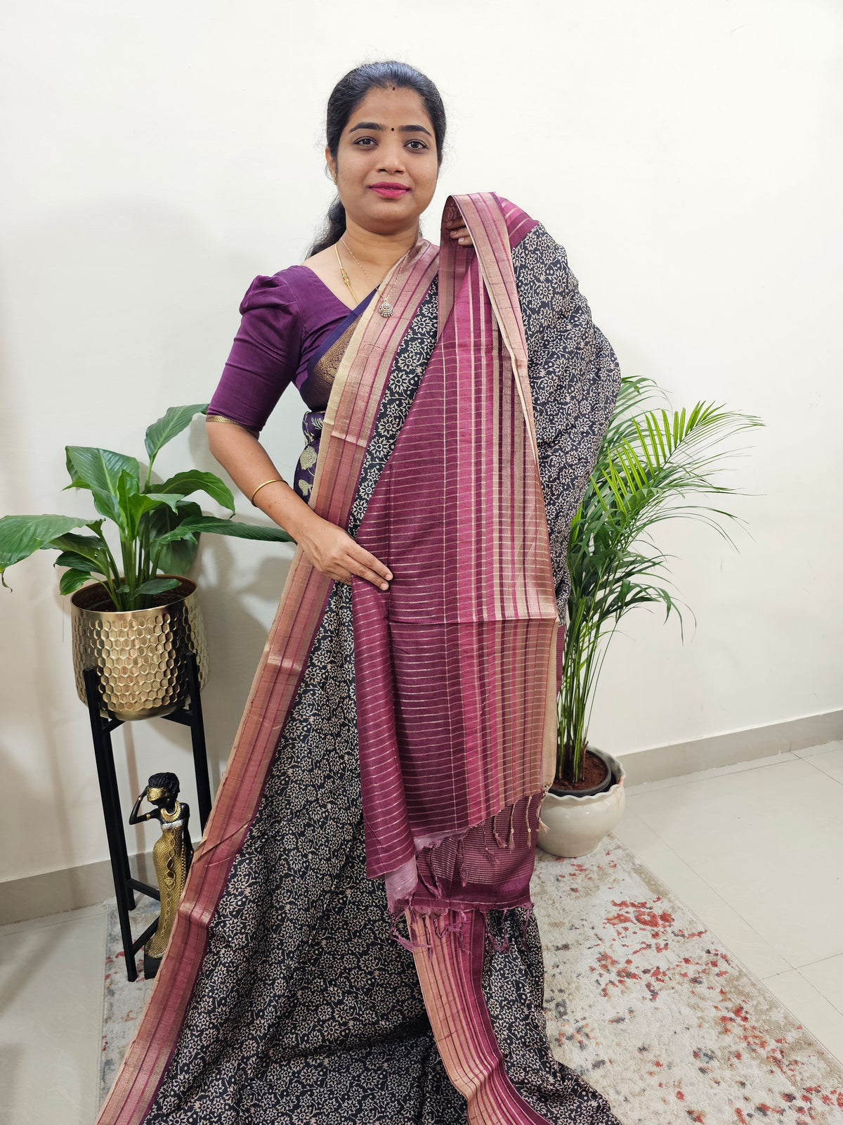 Semi Tussar with Digital Printed Saree - Black with Magenta Pink