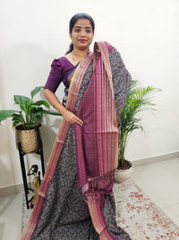 Semi Tussar with Digital Printed Saree - Black with Magenta Pink