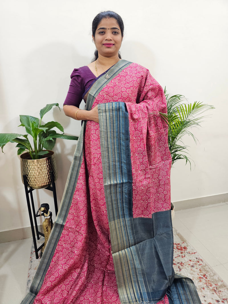 Semi Tussar with Digital Printed Saree - Pink with Grey