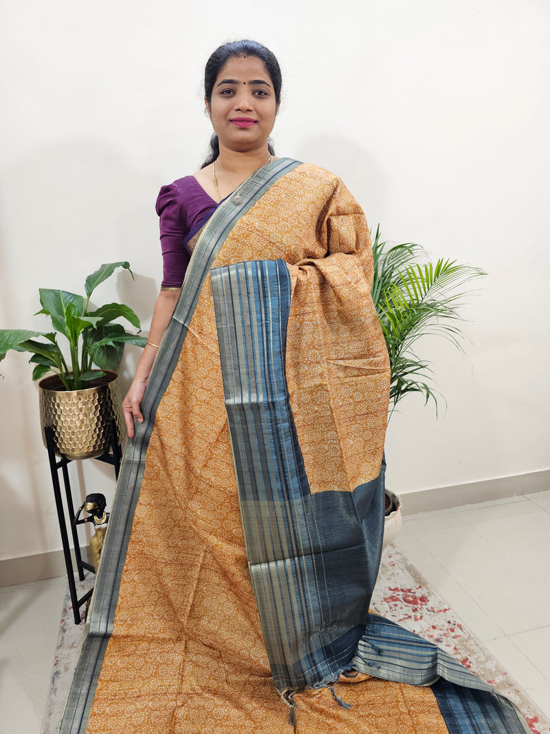 Semi Tussar with Digital Printed Saree - Mustard Yellow with Grey