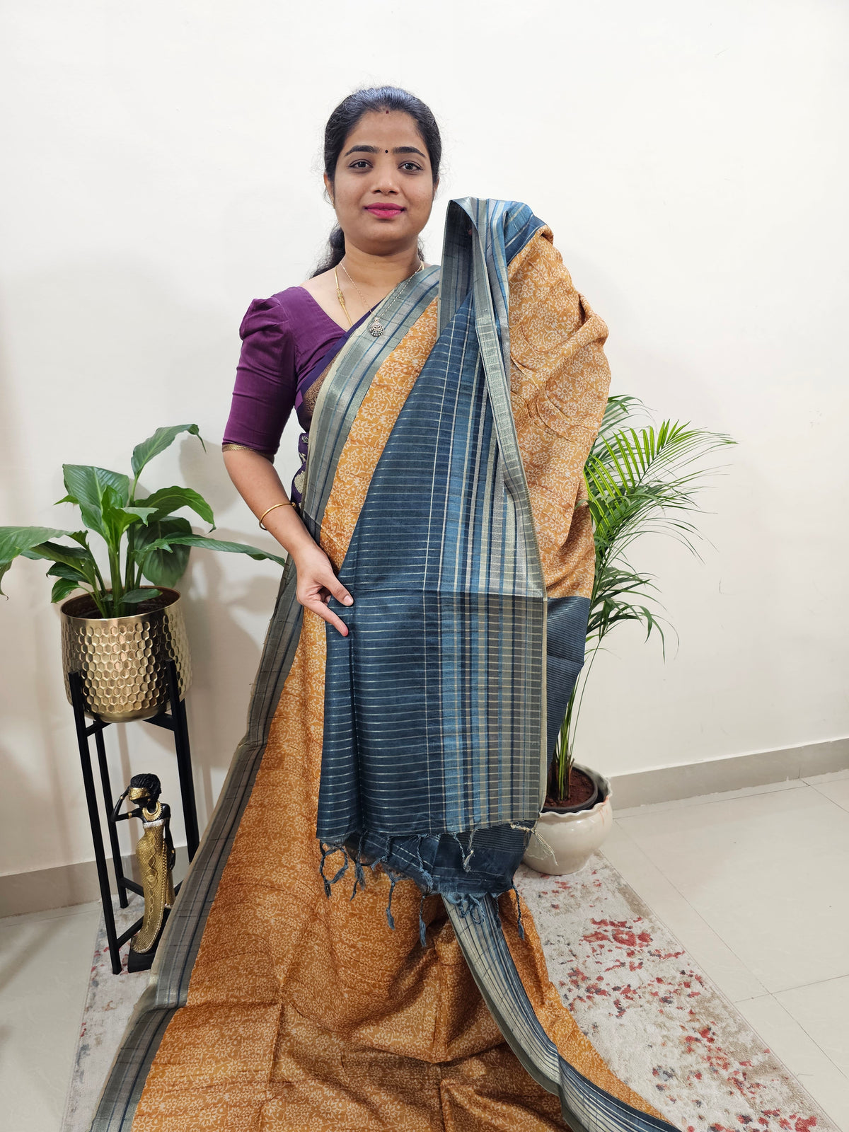 Semi Tussar with Digital Printed Saree - Mustard Yellow with Grey