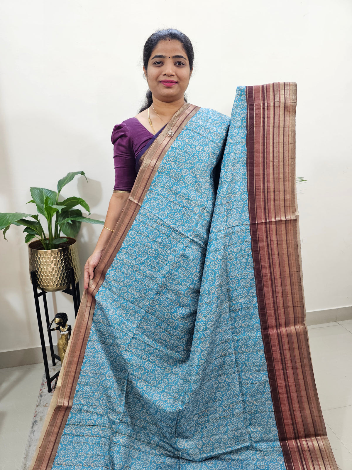 Semi Tussar with Digital Printed Saree - Blue with Brown