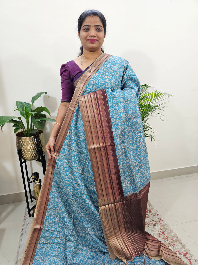 Semi Tussar with Digital Printed Saree - Blue with Brown