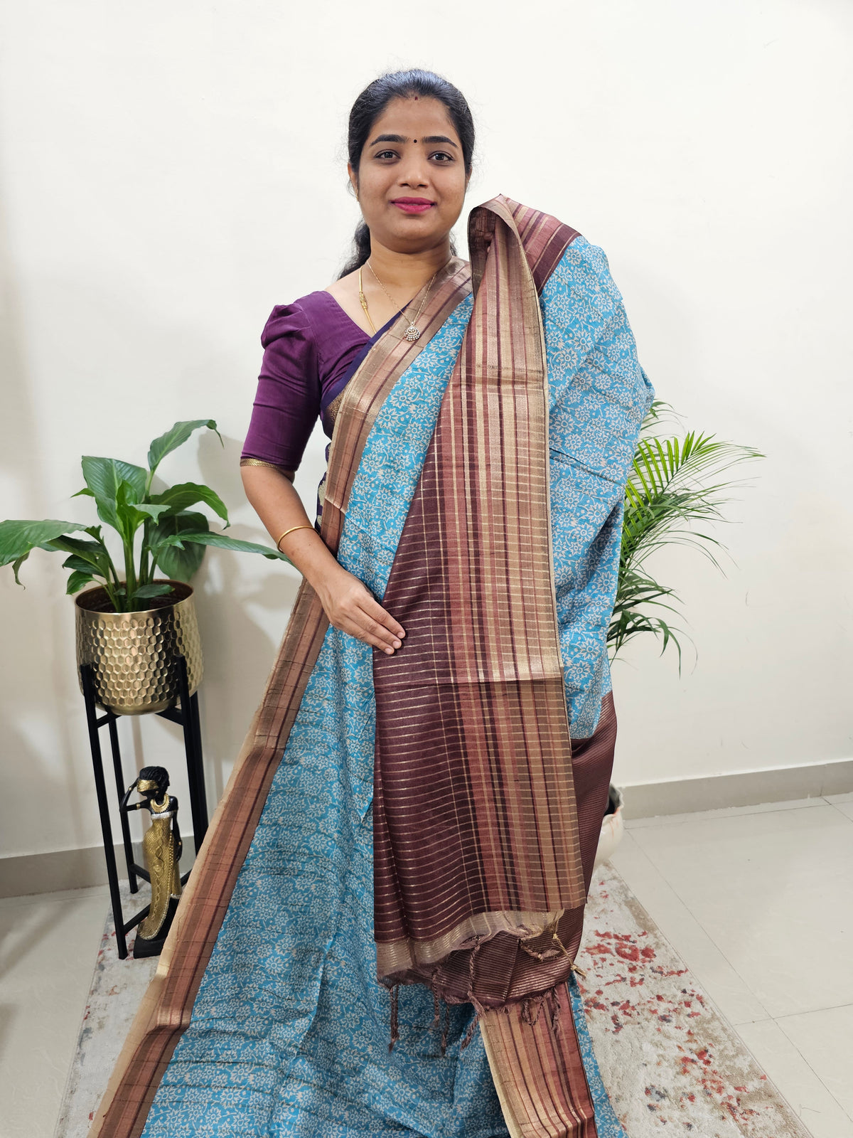 Semi Tussar with Digital Printed Saree - Blue with Brown