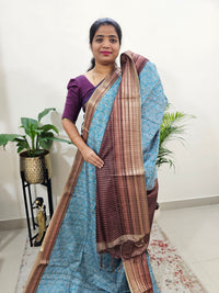 Semi Tussar with Digital Printed Saree - Blue with Brown