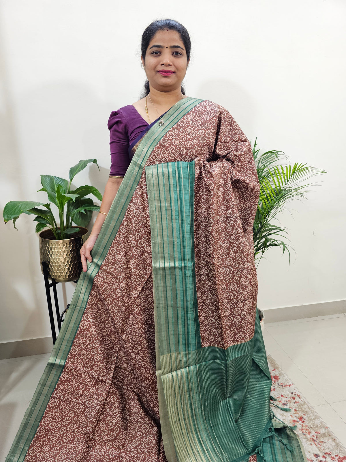 Semi Tussar with Digital Printed Saree - Brown with Green