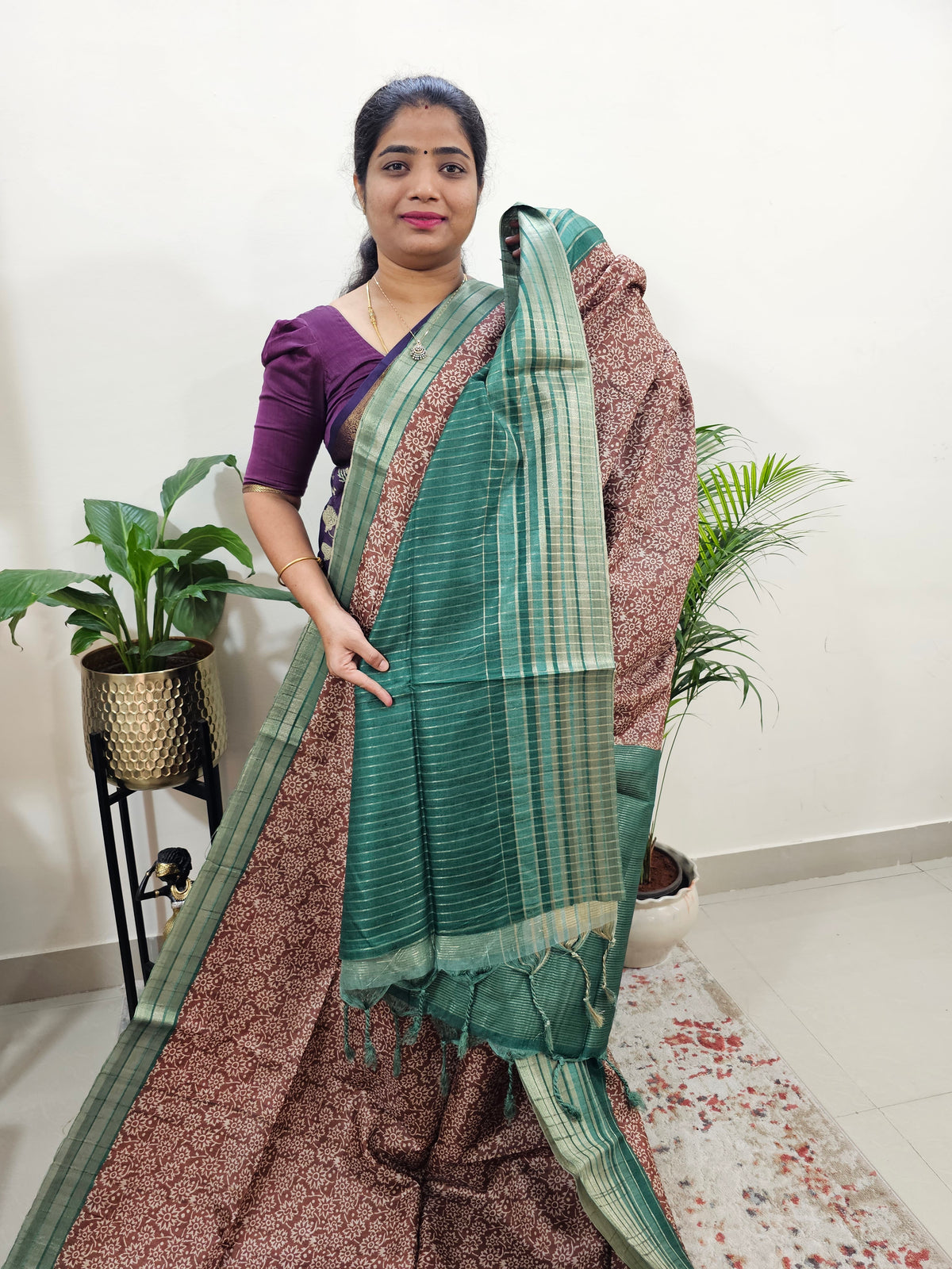 Semi Tussar with Digital Printed Saree - Brown with Green