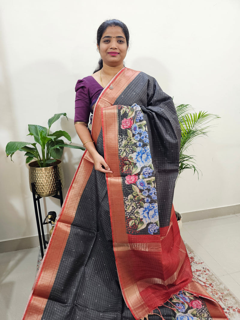 Semi Tussar with Digital Printed Saree - Grey with Red