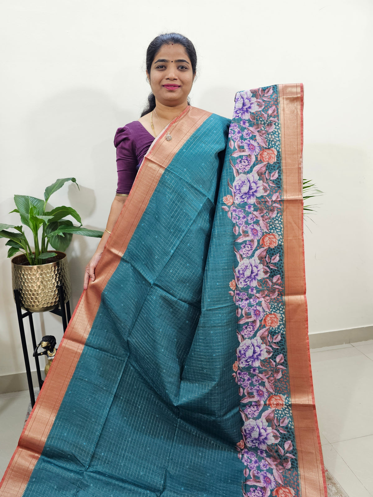 Semi Tussar with Digital Printed Saree - Peacock Greenw with Red