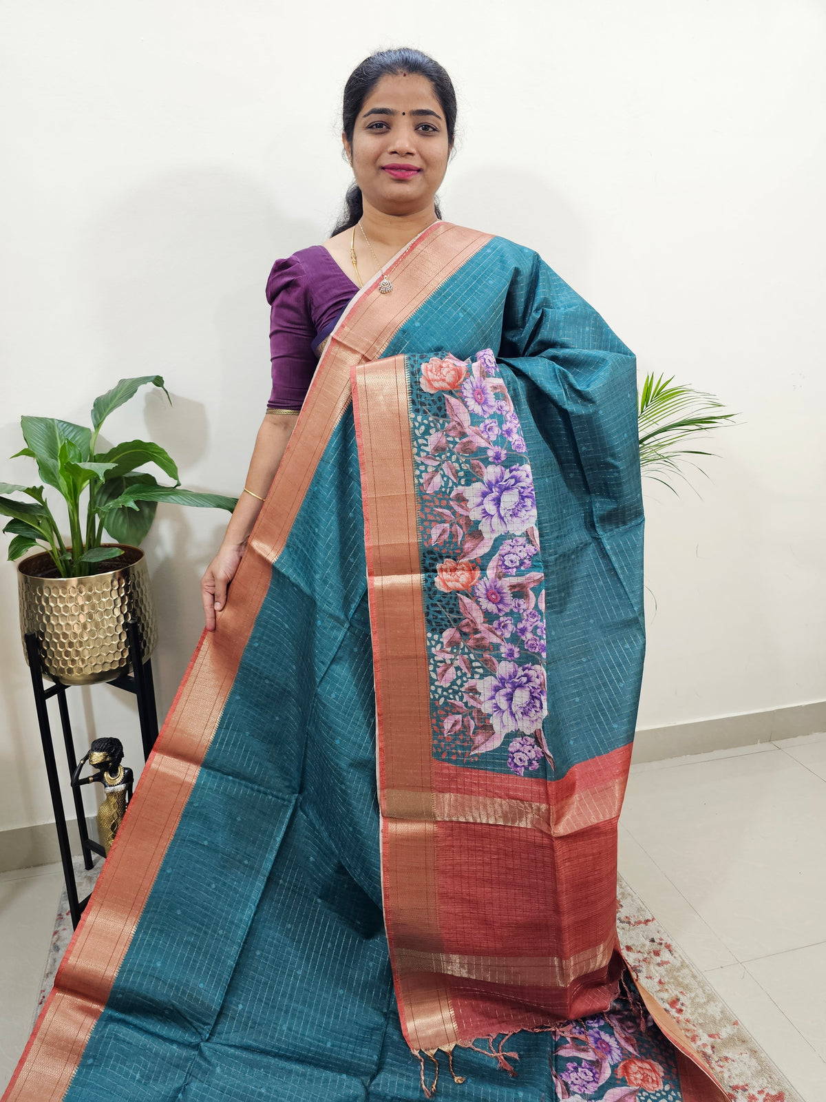 Semi Tussar with Digital Printed Saree - Peacock Greenw with Red