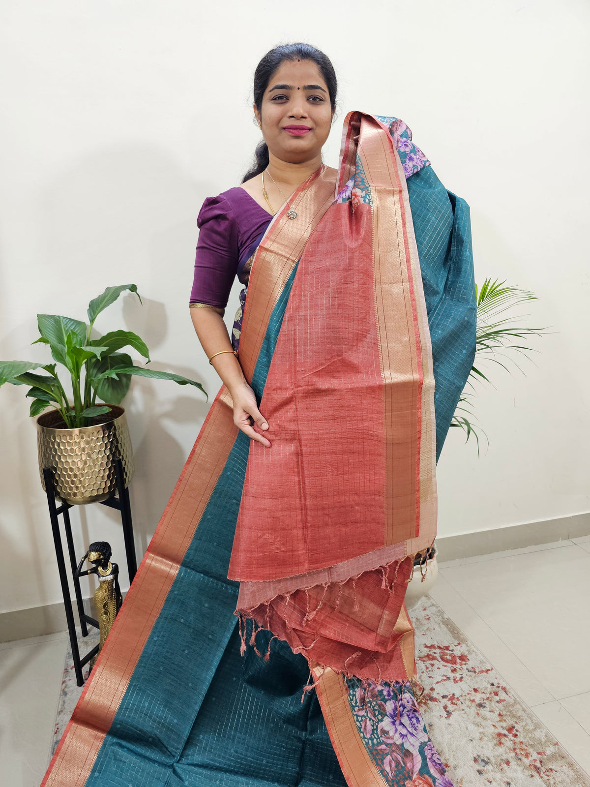 Semi Tussar with Digital Printed Saree - Peacock Greenw with Red