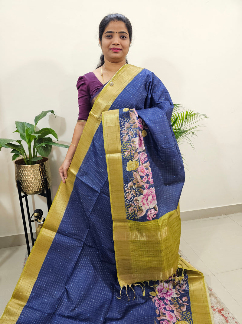 Semi Tussar with Digital Printed Saree - Blue with Green