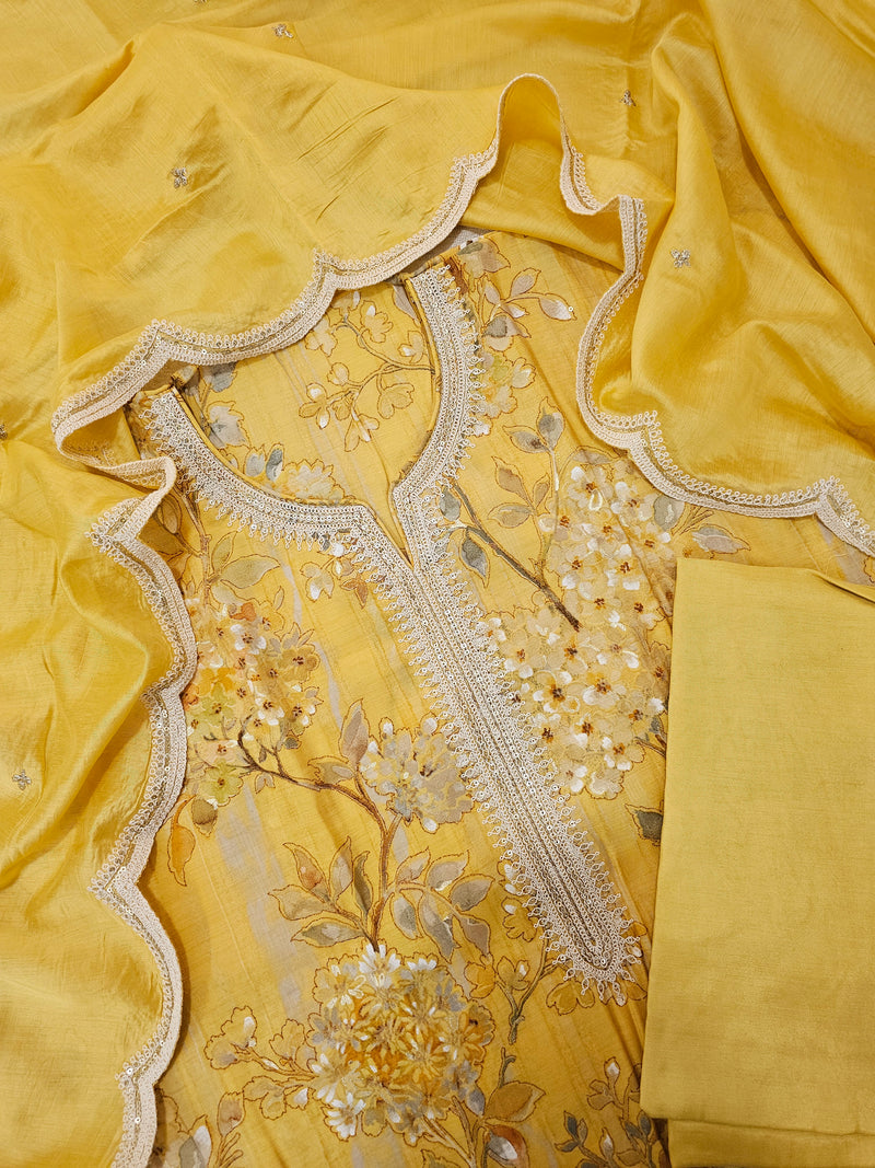 Modal Silk Unstitched Salwar Suit - Yellow