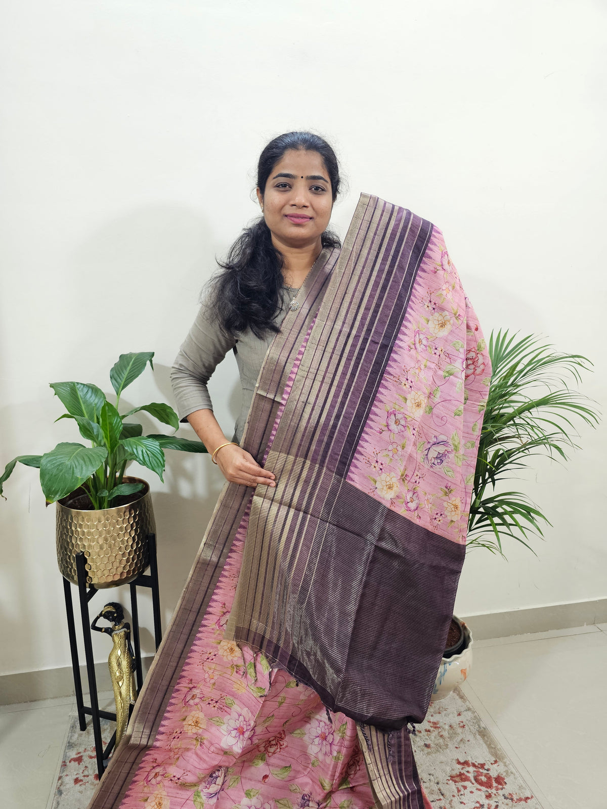 Semi Tussar with Digital Printed Saree - Pink with Purple