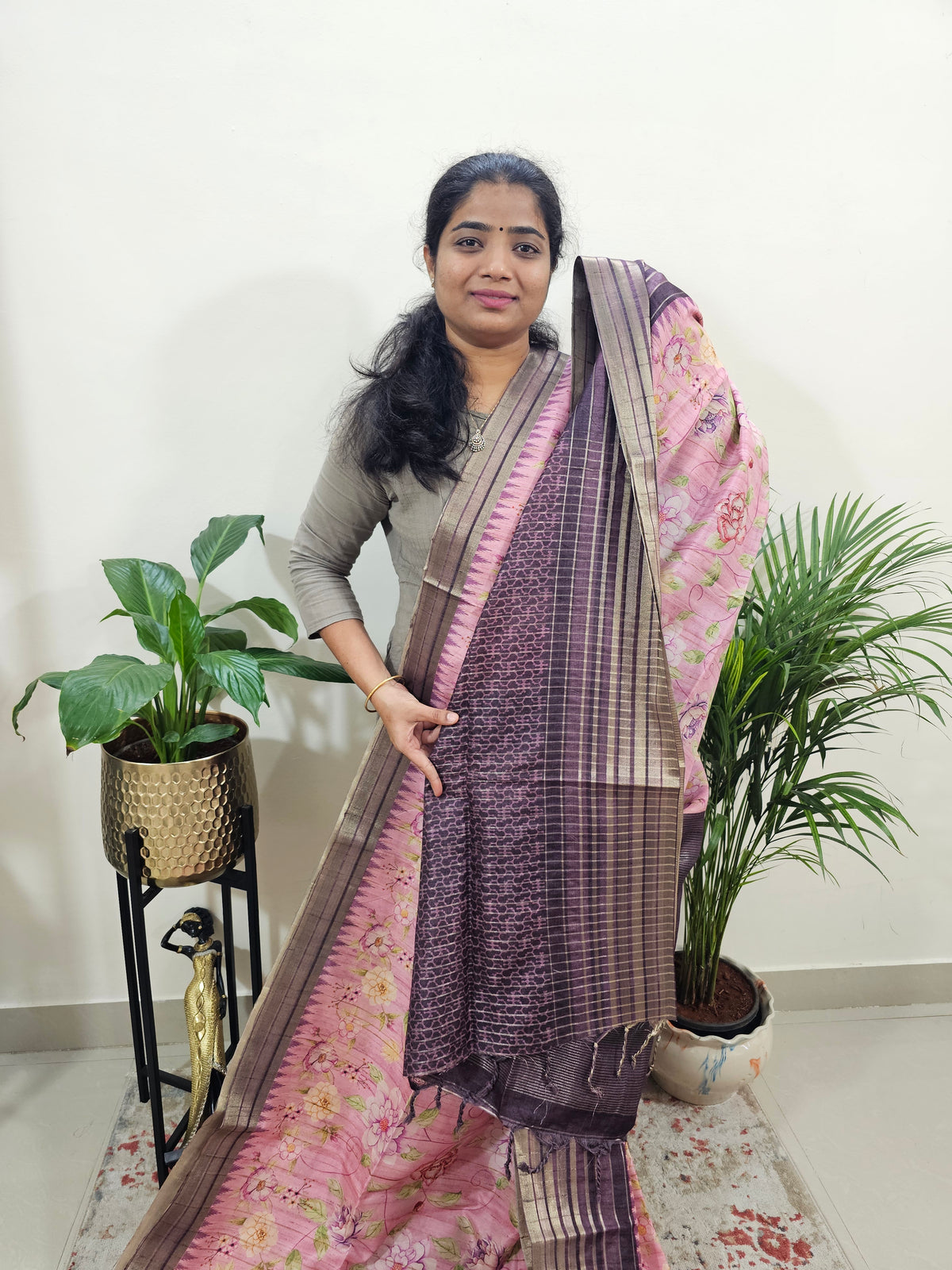 Semi Tussar with Digital Printed Saree - Pink with Purple